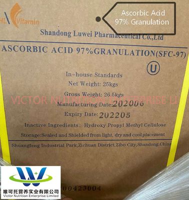 Luwei Cspc Huazhong Vitamina C DC97 Ácido ascórbico 97% Granulación recubierta 97% Fórmula C6H8O6