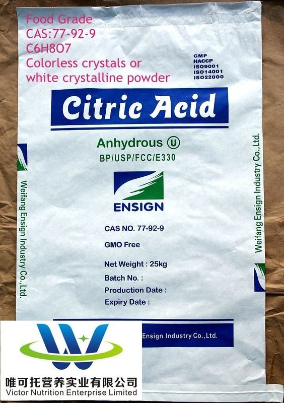 Ácido cítrico anhidro BP2012/USP32/FCC E330 para embalajes de papel de la categoría E330 CAS 77-92-9